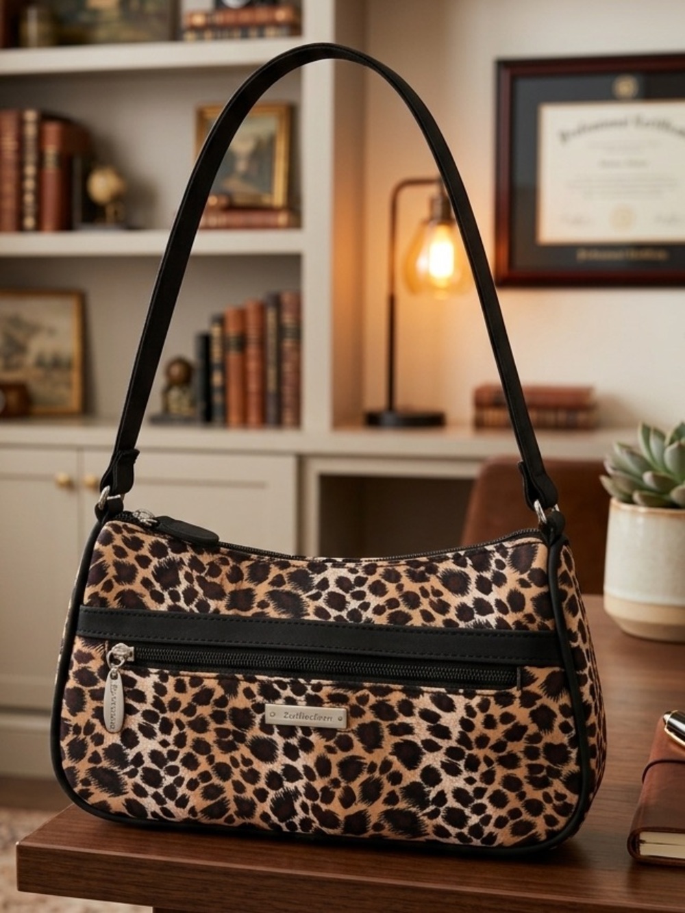 S Collection Leopard Print Shoulder Bag with Black Trim - Women Bags